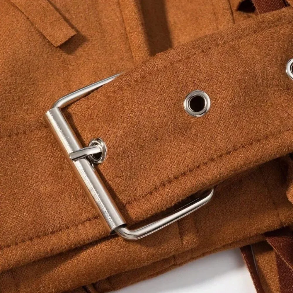 Khaki Casual Women's Lapel Tassel Wide Shoulder Streetwear Jacket - Picture 10 of 10